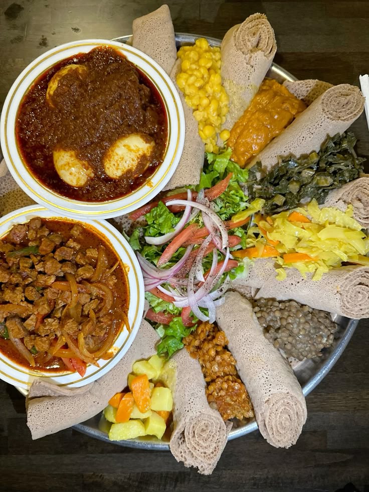 Ethiopian feast with Doro Wat and assorted sides